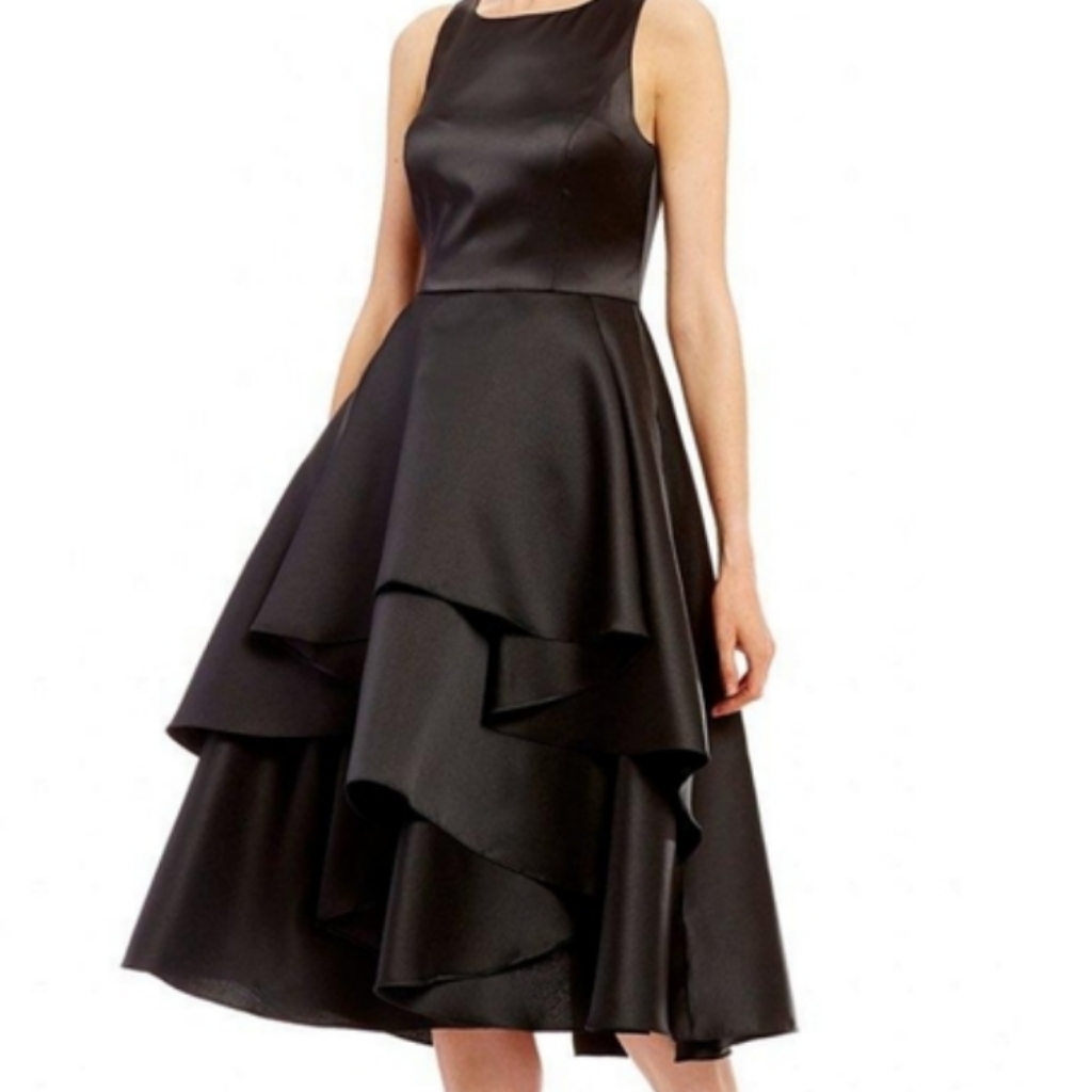 Adrianna Papell Black Tiered Fit & Flate Dress Glam Festive Party